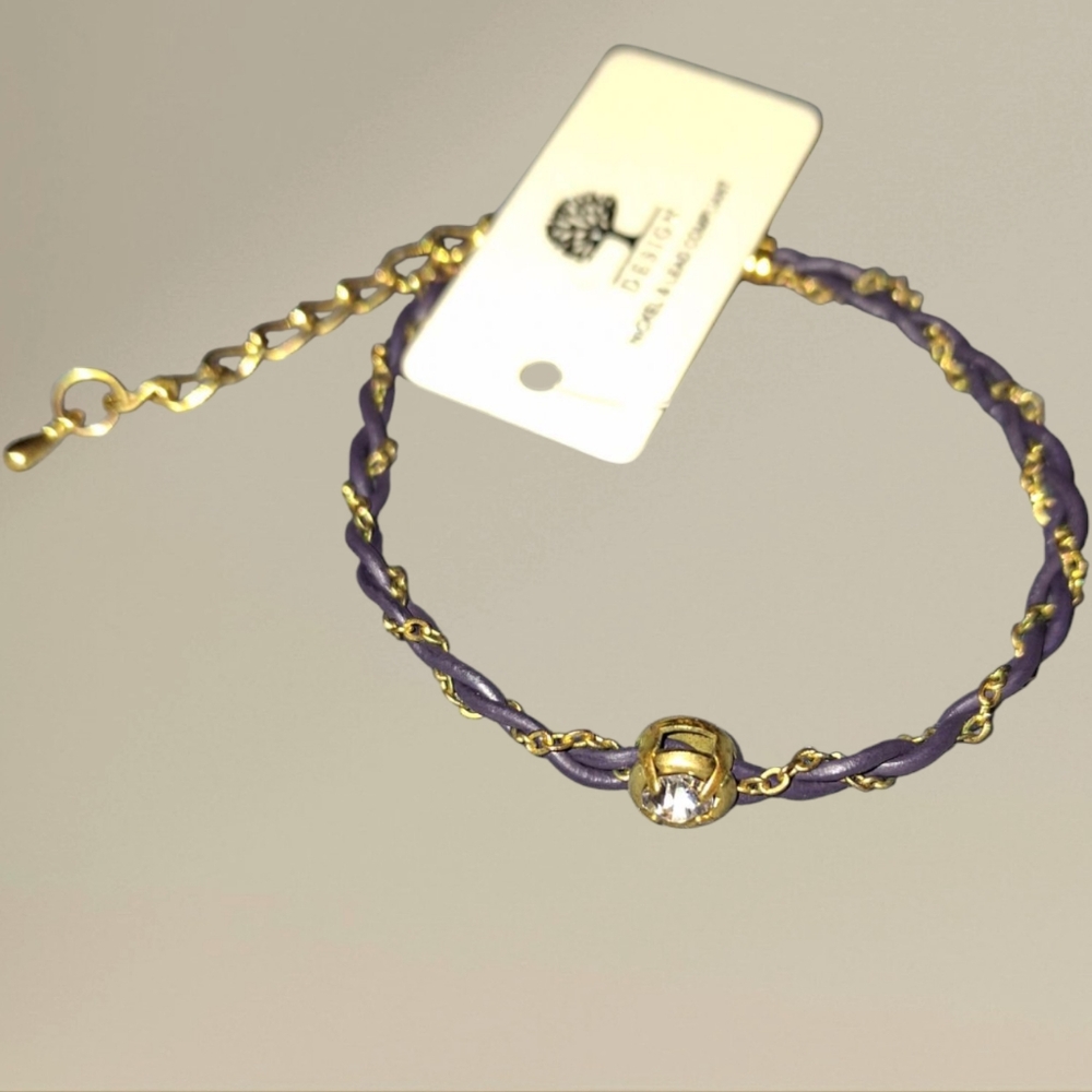 3/25$ Bracelet Braided Cord & Chain Plum Adjustable Rhinestone Goldtone